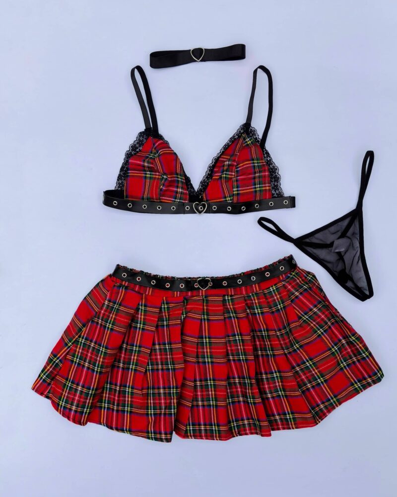 Crveni karirani lingerie set sa suknjom
